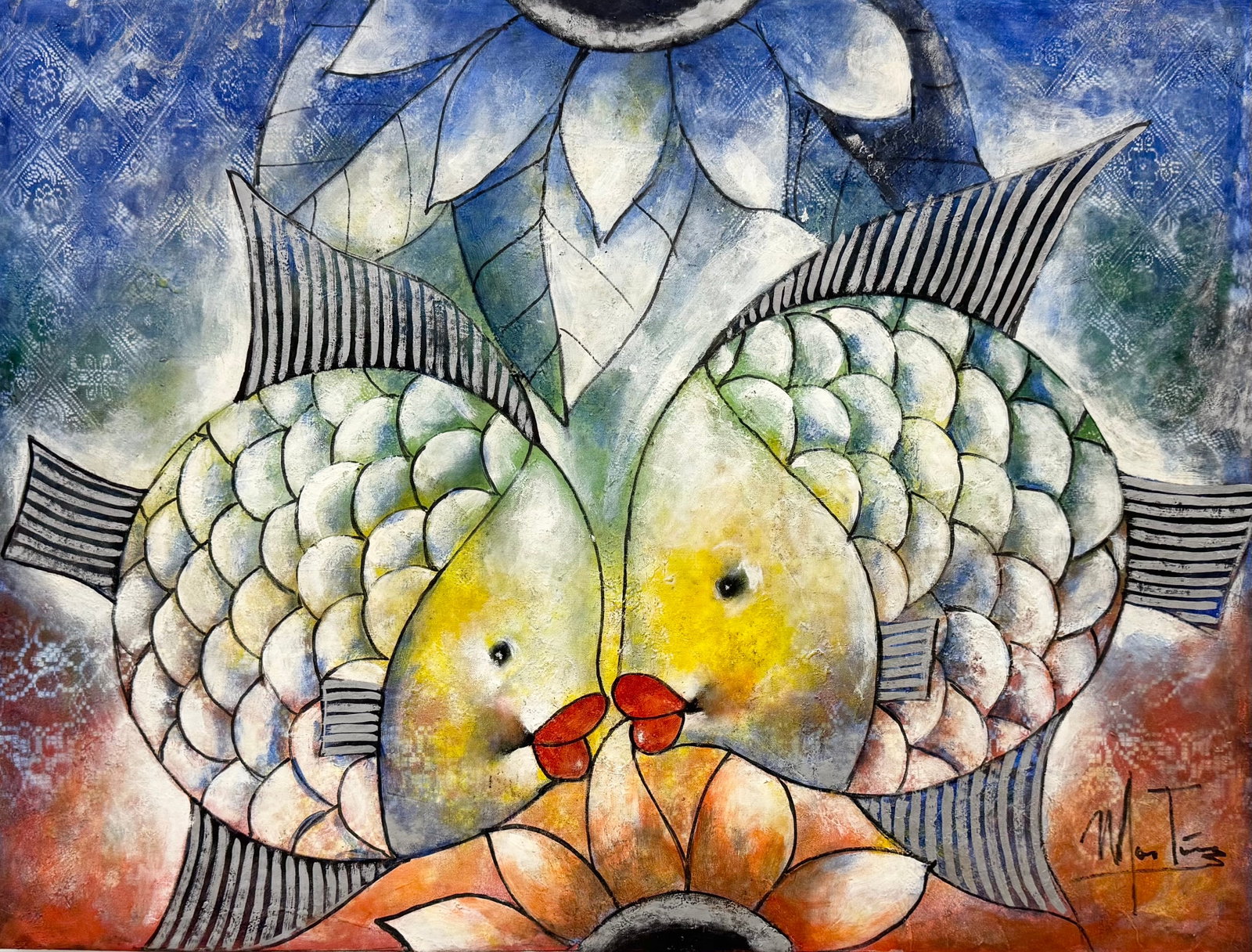 RAFAEL MARTÍNEZ-ROSTRO (20th c, Dominican Republic) Fish: Oil on canvas 40 x 30 in