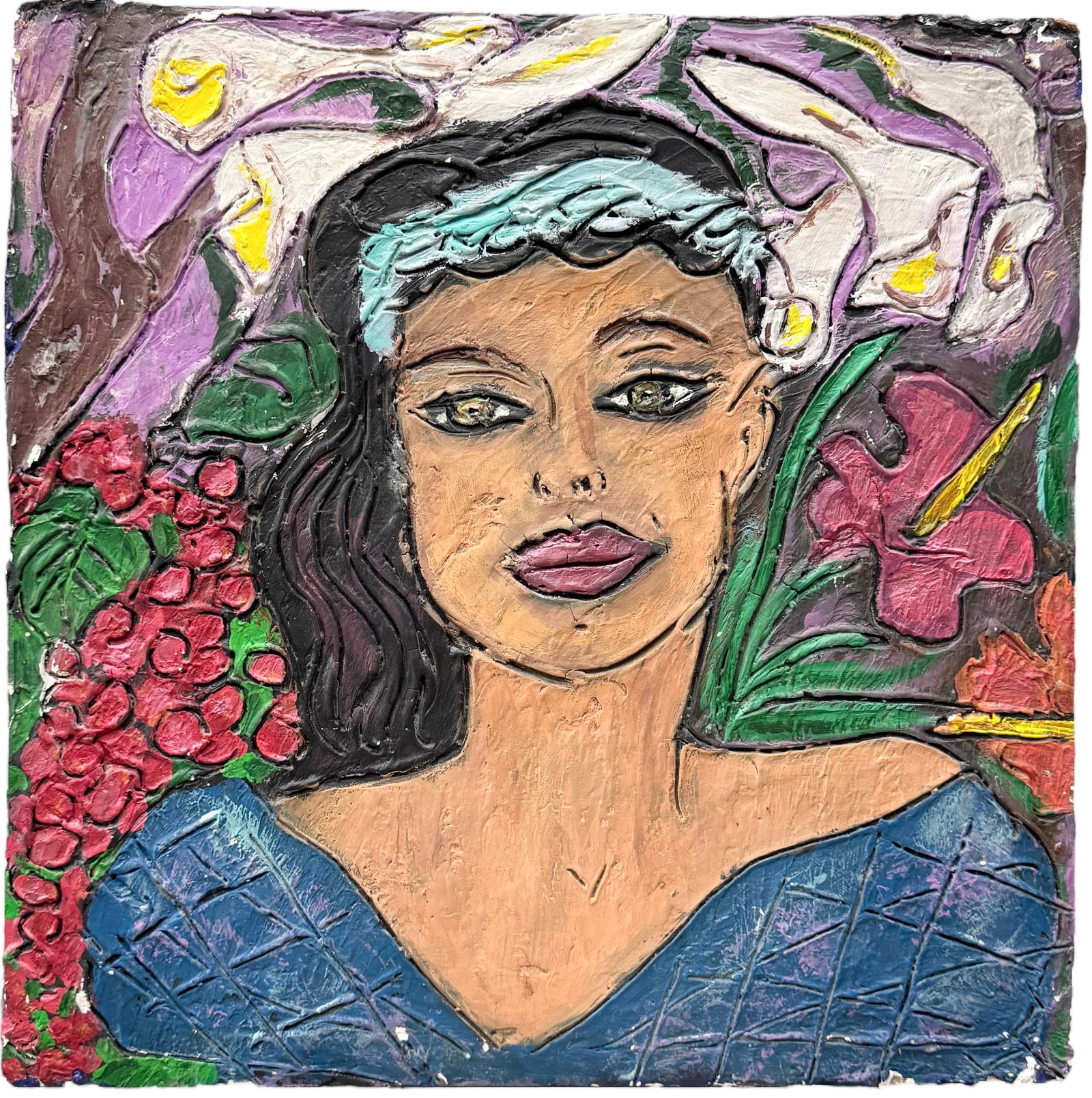 Modernist Latin American School Portrait Oil On Wood: Mixed media on wood 24 x 24 in