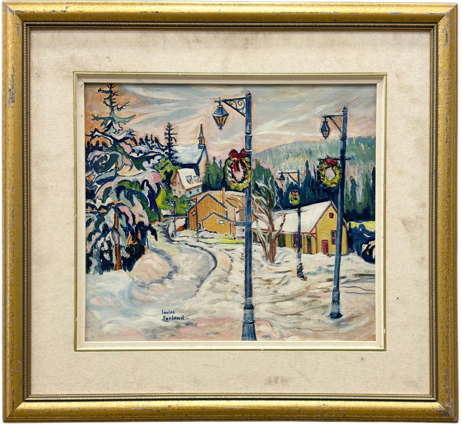 LOUISE FERLAND Canadian School Fauvist Mont Tremblant Village: Oil on masonite 18 x 16 in, 27.5 x 25.5 in (framed)