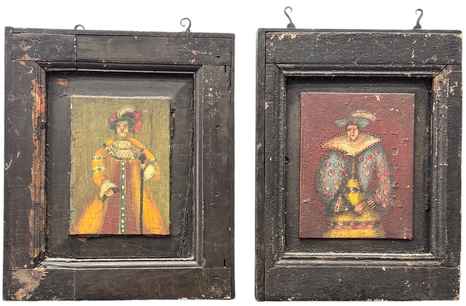 Spanish School Folk Art Primitive Portraits Of Jesters On Wood Panels Signed (1 of 4)