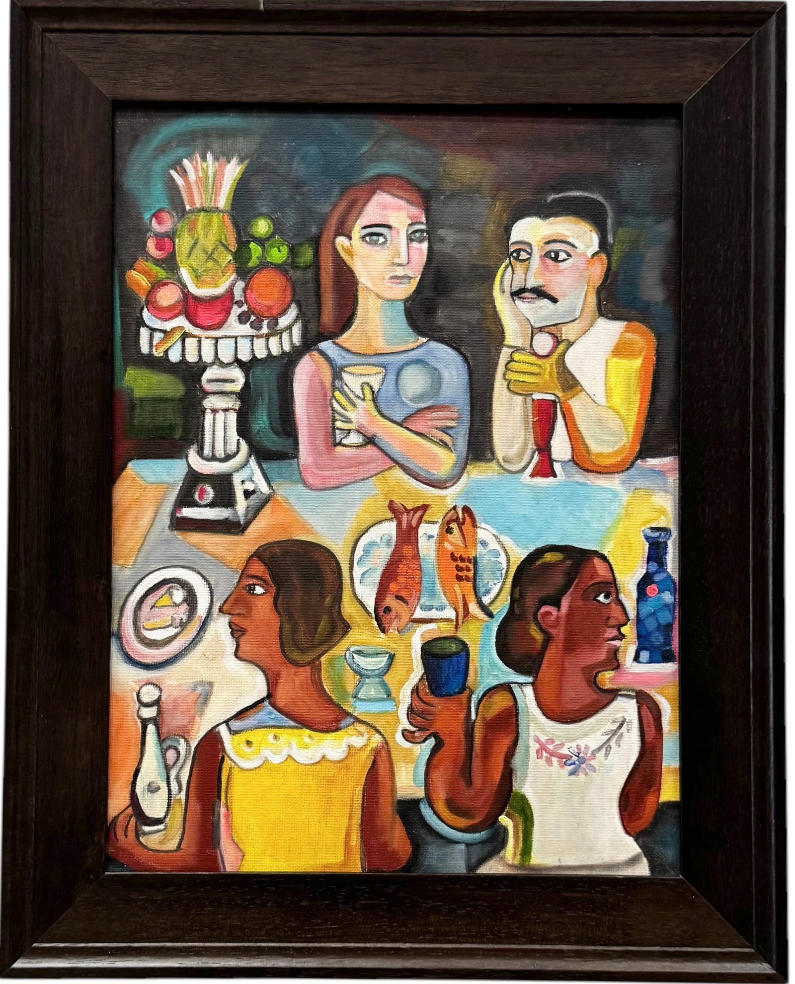 Latin American School Modernist Dinner Scene Oil On Board: Oil on board 16 x 12 in, 20 x 16 in (framed)