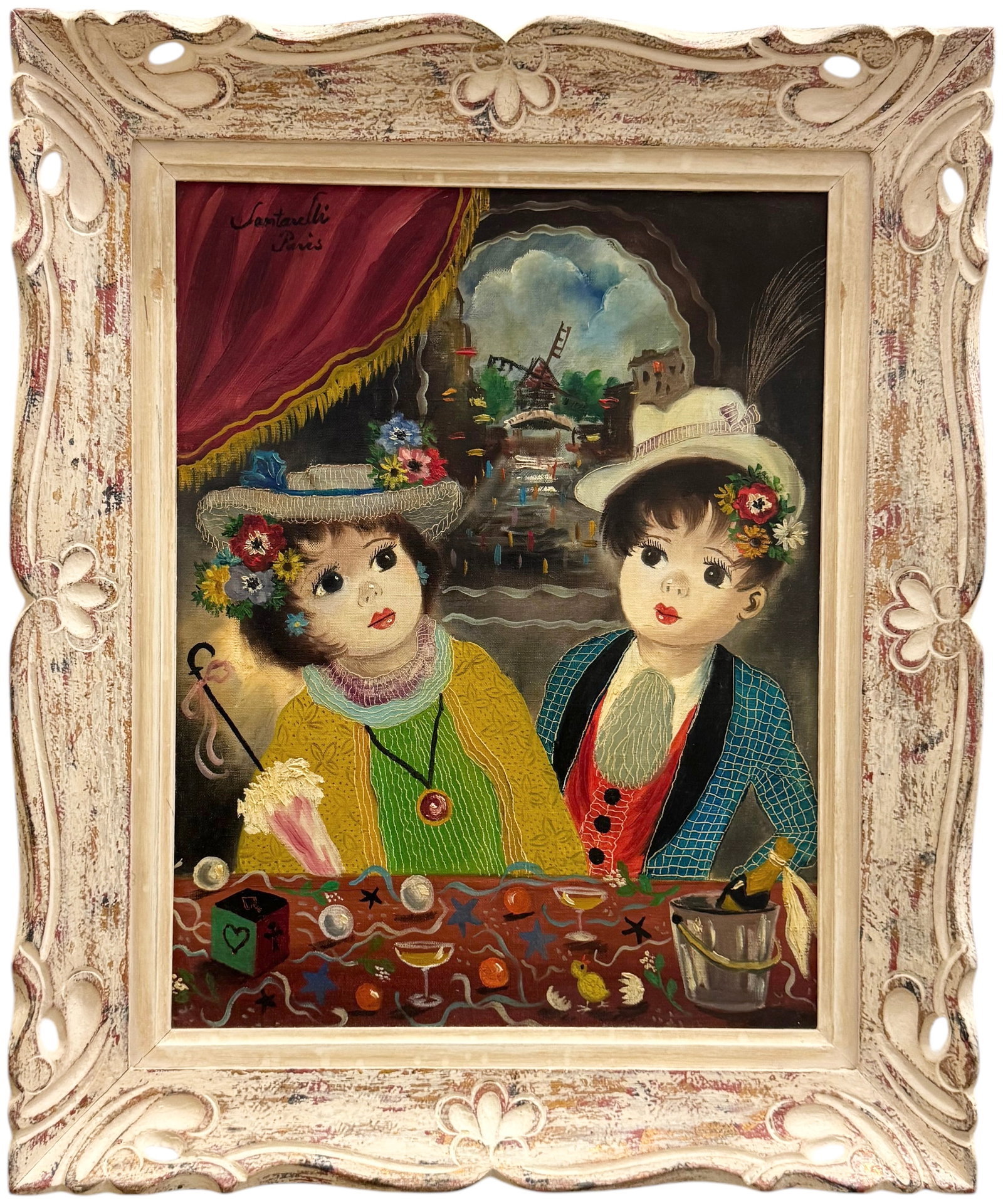 Mid-Century Paris School Modernist Nicely Framed Oil on Canvas Signed: Oil on canvas 18 x 14 in, 23 x 19 in (framed)