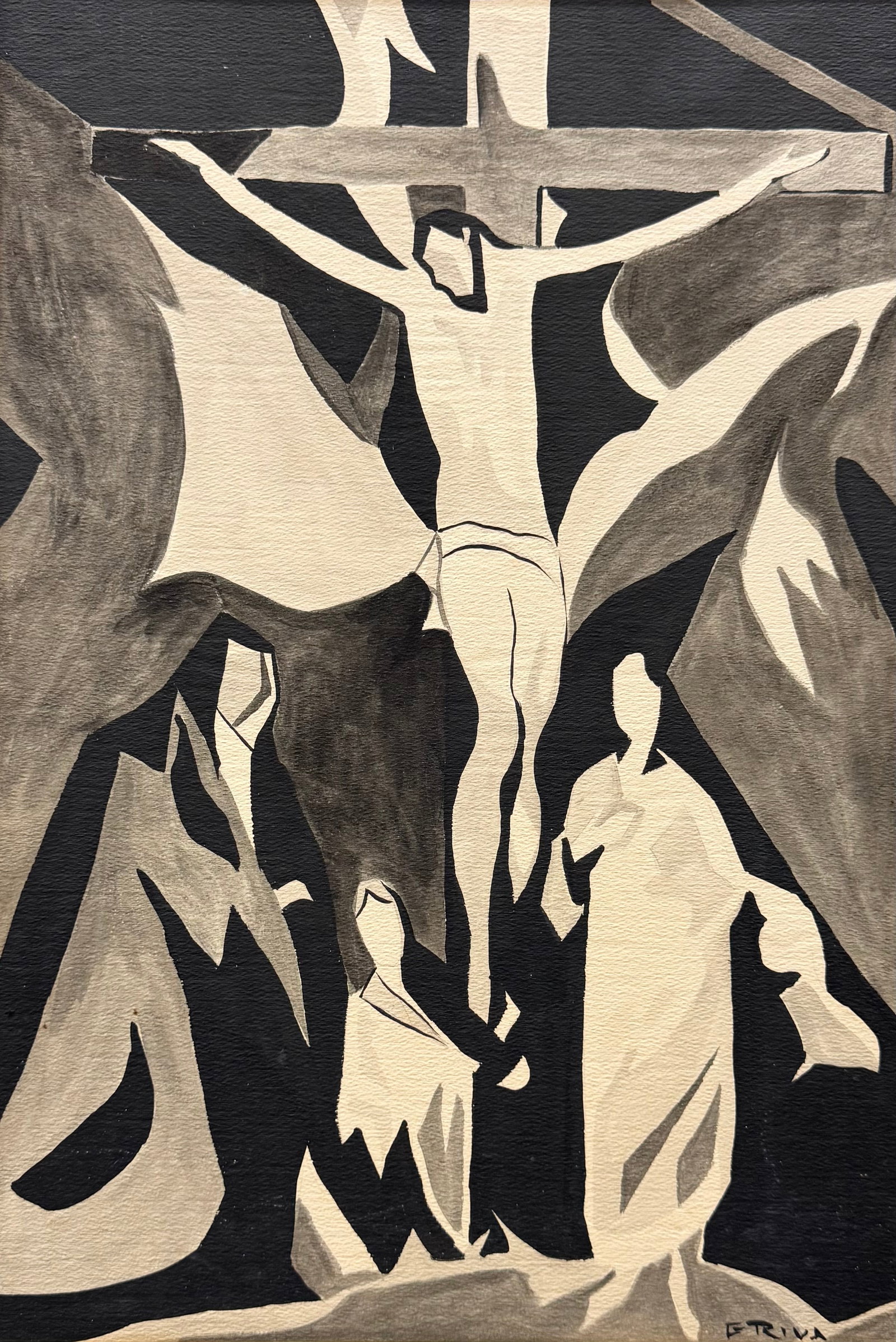 GABY RIVA (20th c, Cuban) The Crucifixion, Cubist: Watercolor on paper 20 x 14 in