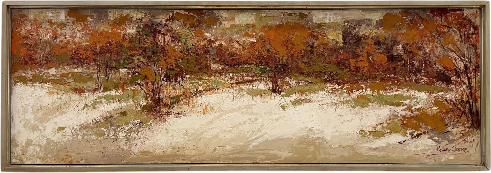 RICHARD OSBORNE Mid-Century Monumental Modernist Landscape 74": Oil on board 74 x 26 in