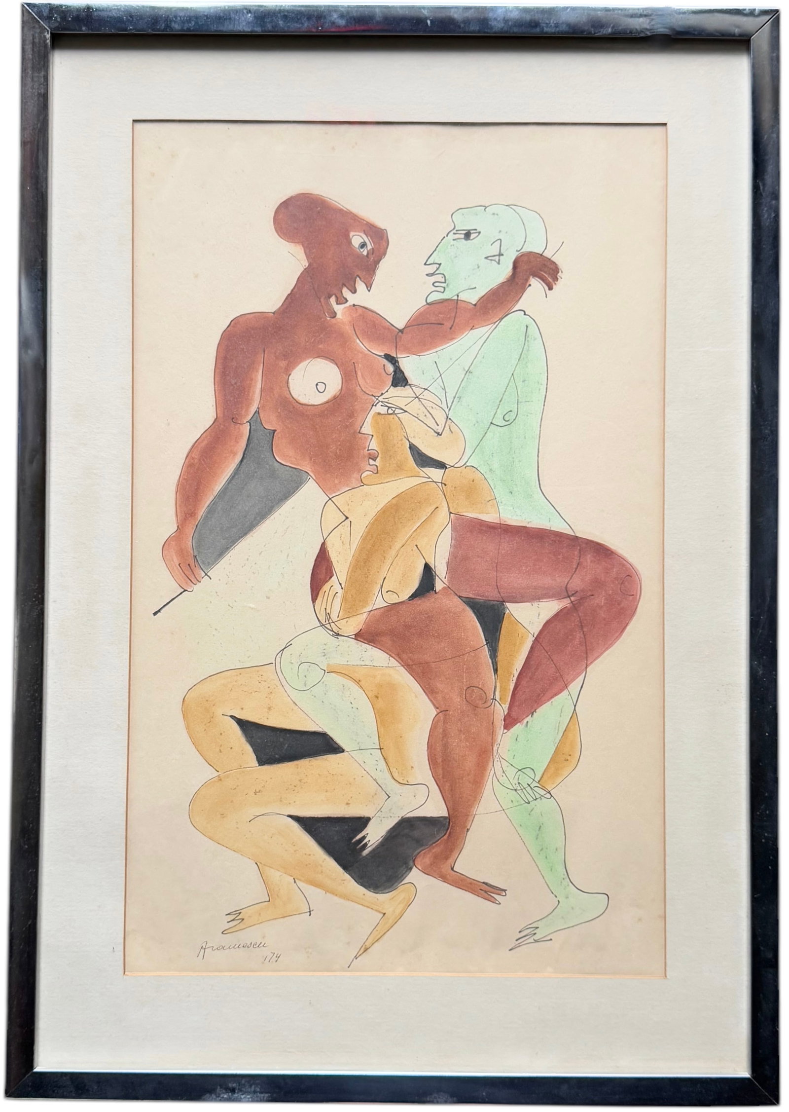 GEORGETA GIGI ARAMESCU (1910-1994, Romanian American) Cubist: Watercolor on paper 22 1/2 x 14 1/4 in, 29 x 20.5 in (framed)