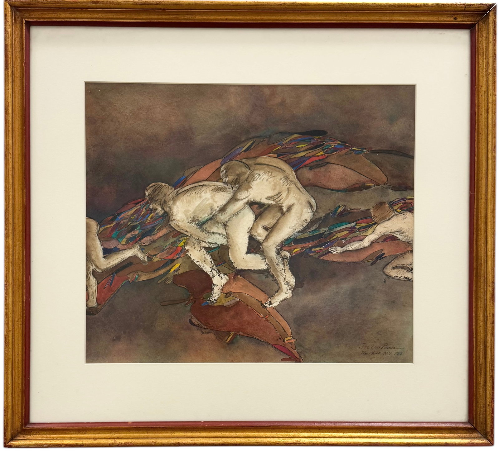 JOSE LUIS PINEDA Two Primitive Nude Male Wrestlers, Nicely Framed New York City: Watercolor 17 1/4 x 14 1/4 in, 25 1/2 x 23 1/2 in (framed)
