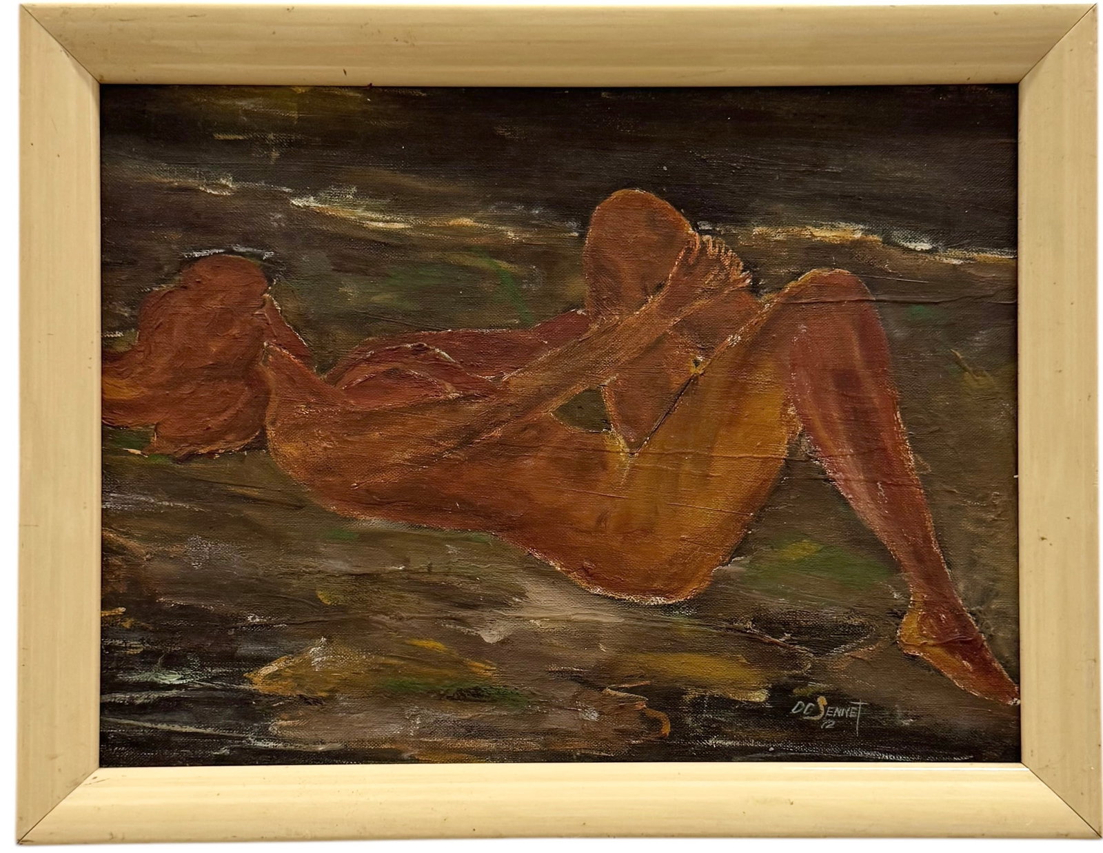 Mid-Century American School Modernist Nude Signed & Dated: Oil on board 12 x 16 in, 14 x 18 in (framed)