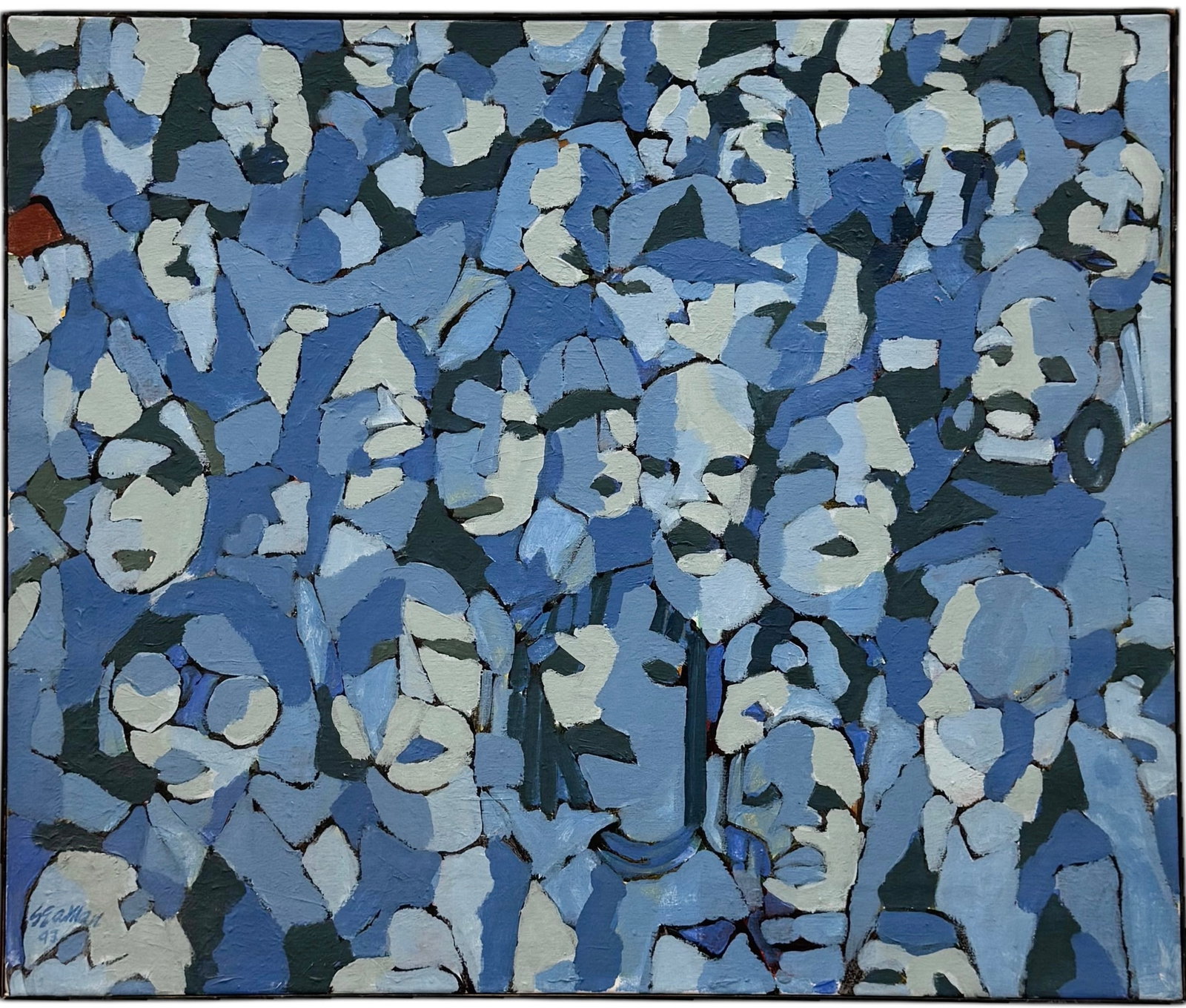 Vintage American School Modernist Abstract Sea Of Figures Oil On Canvas Signed: Oil on canvas 36 x 30 in