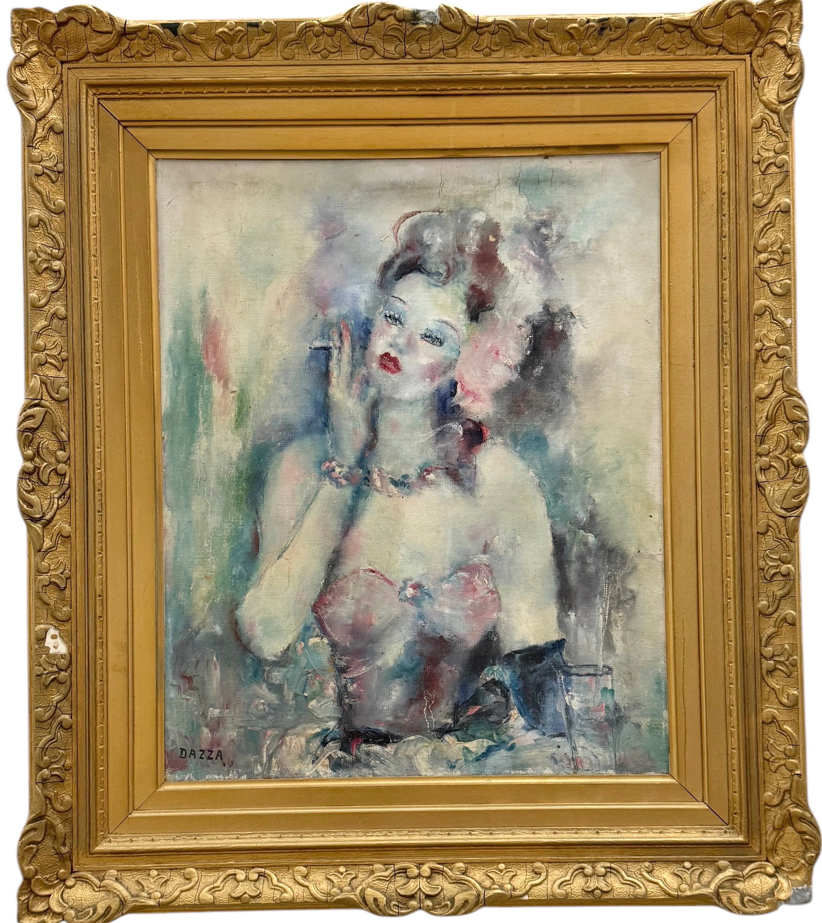 LOUIS DAZZA (20th c, French) Portrait Of A Woman Smoking: Oil on board 24 x 20 in, 30.5 x 26.5 in (framed)