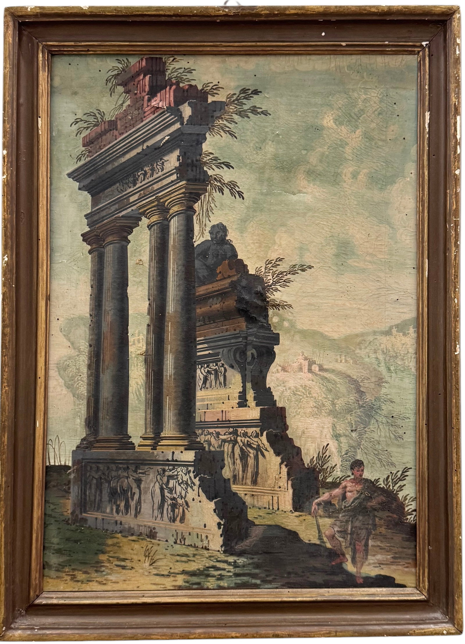 Italian School Antique Oil Painting Of Roman Ruins Florence Italy Gallery Label Verso: Oil on canvas 23 1/4 x 16 1/4 in, 26 1/2 x 20 in (framed)