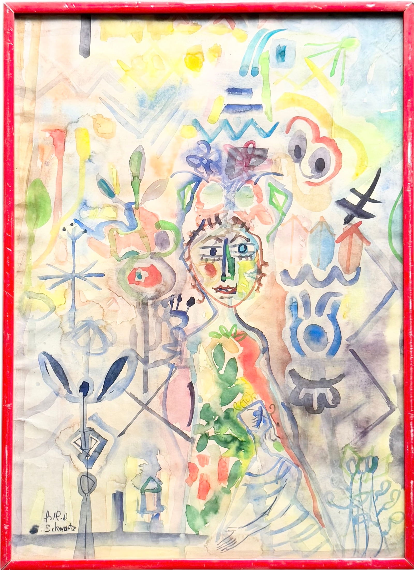 Mid-Century Modern American School Watercolor Abstract Painting Signed SCHWARTZ: Mixed media on paper 27.5 x 20 in