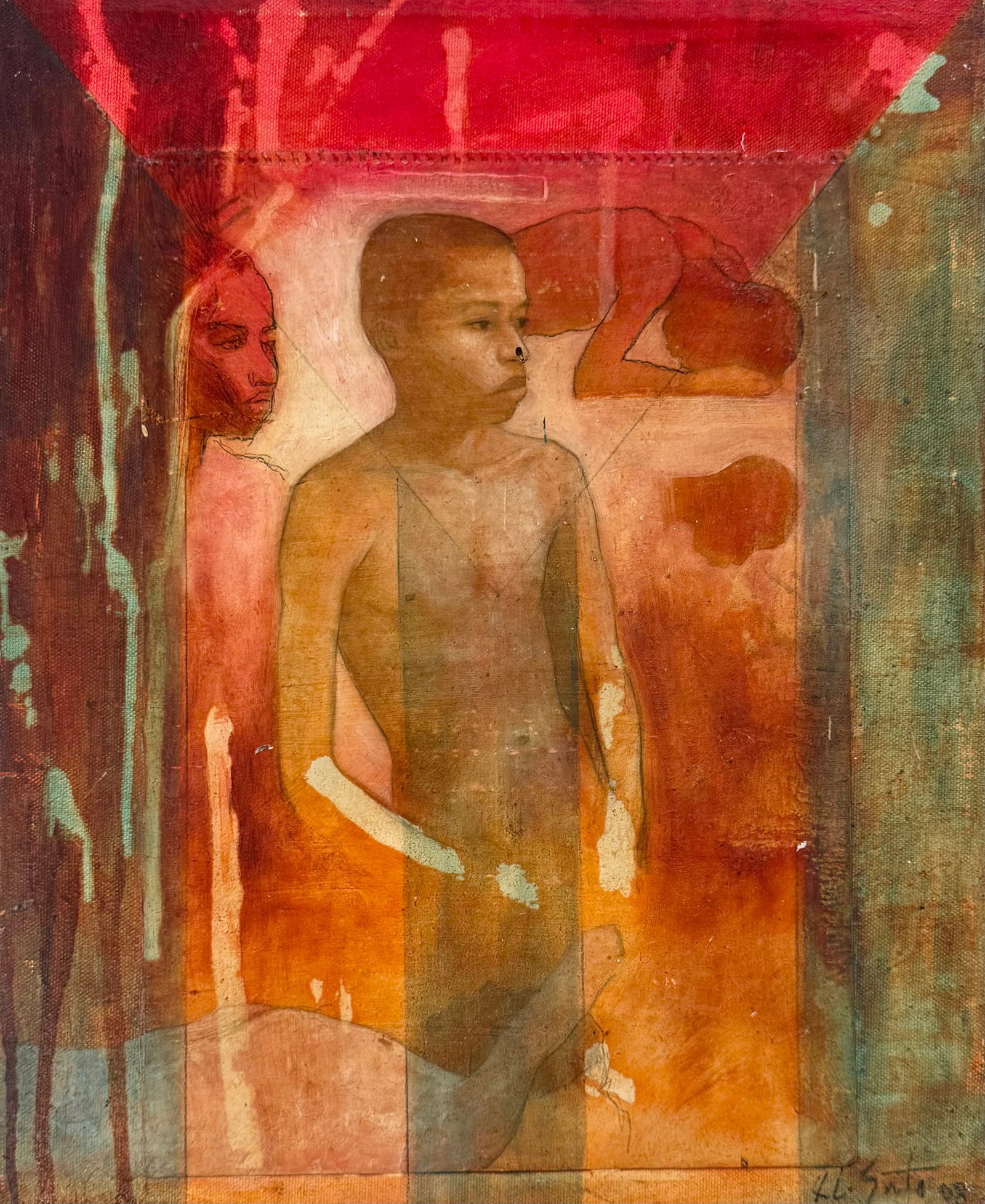 JORGE SANTOS Latin American Figural Abstract Painting: Mixed media on canvas 16 x 13 in