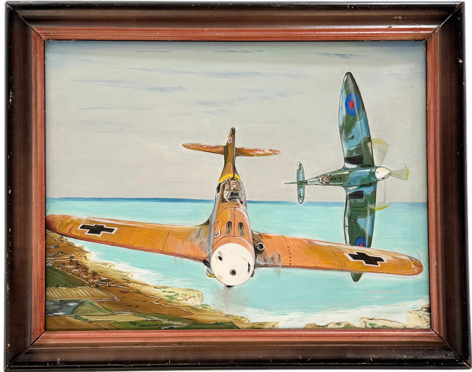 Vintage Painting Of Fighter Jets Dueling In The Sky Oil On Canvas: Oil on canvas 24 x 19 in, 28.5 x 22.5 in (framed)