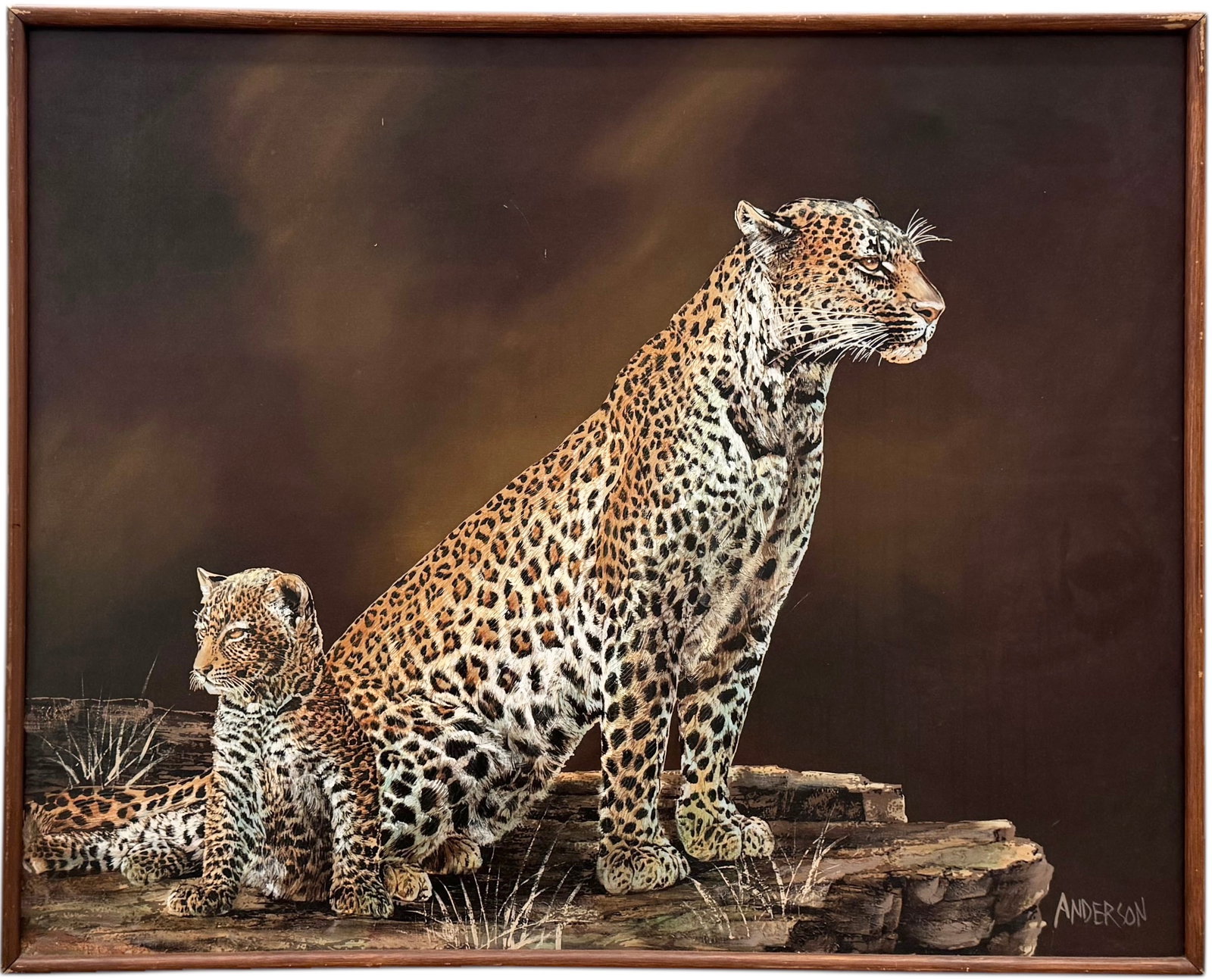 Monumental American School Painting Of Leopards Signed Anderson 51" x 41": Oil on canvas 51 x 41 in