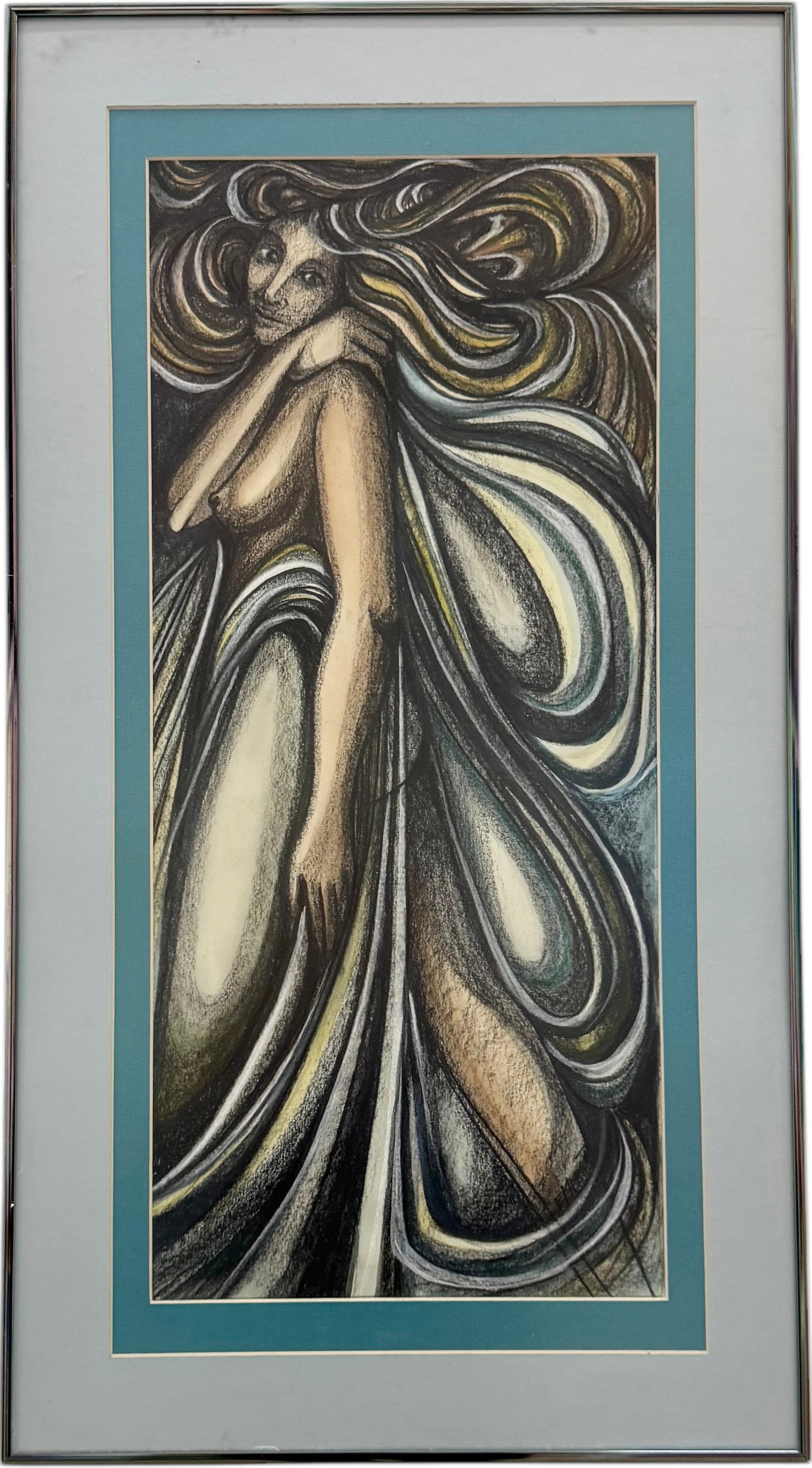 Vintage Art Deco Abstract Portrait Of A Woman Signed: Pastel on paper 28.5 x 15.5 in (framed)