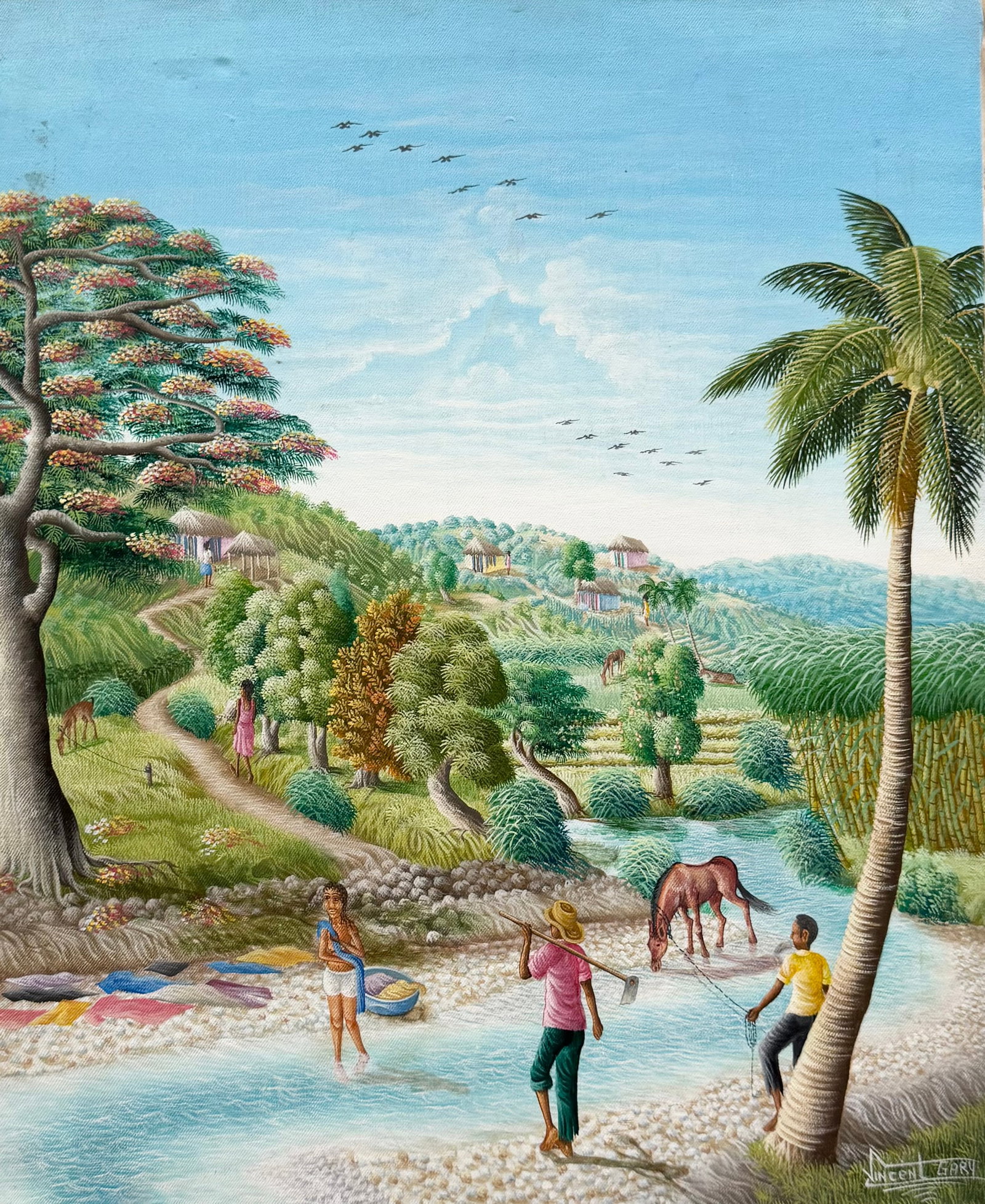 GARY VINCENT (20th Haitian) Village Landscape: Oil on canvas 24 x 20 in