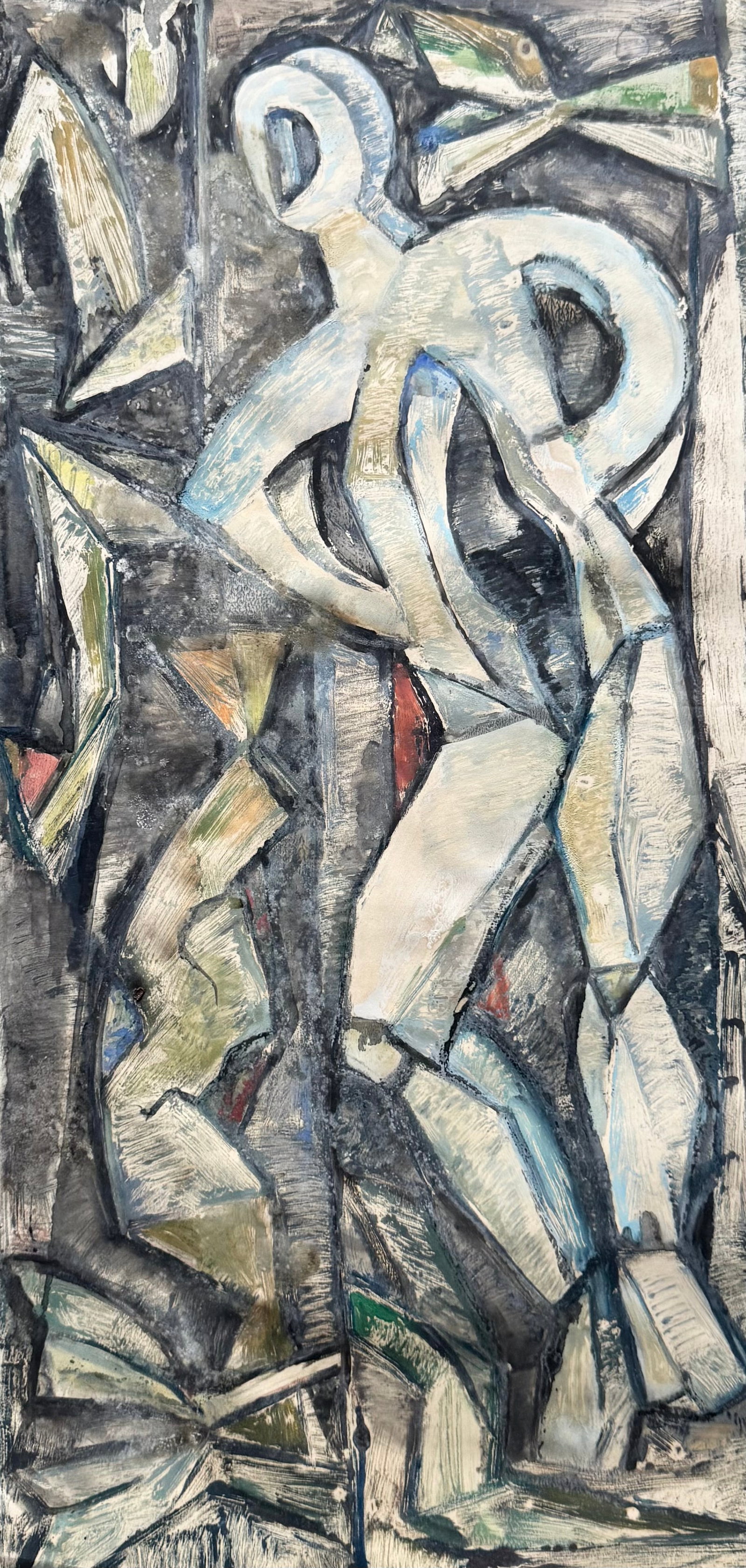 Large Mid-Century Cubist Gouache On Paper Sold As Is: 39.5 x 24 in. Most of the image is intact but edges are rough and there is a a small hole. Sold as is. Shipped flat $35