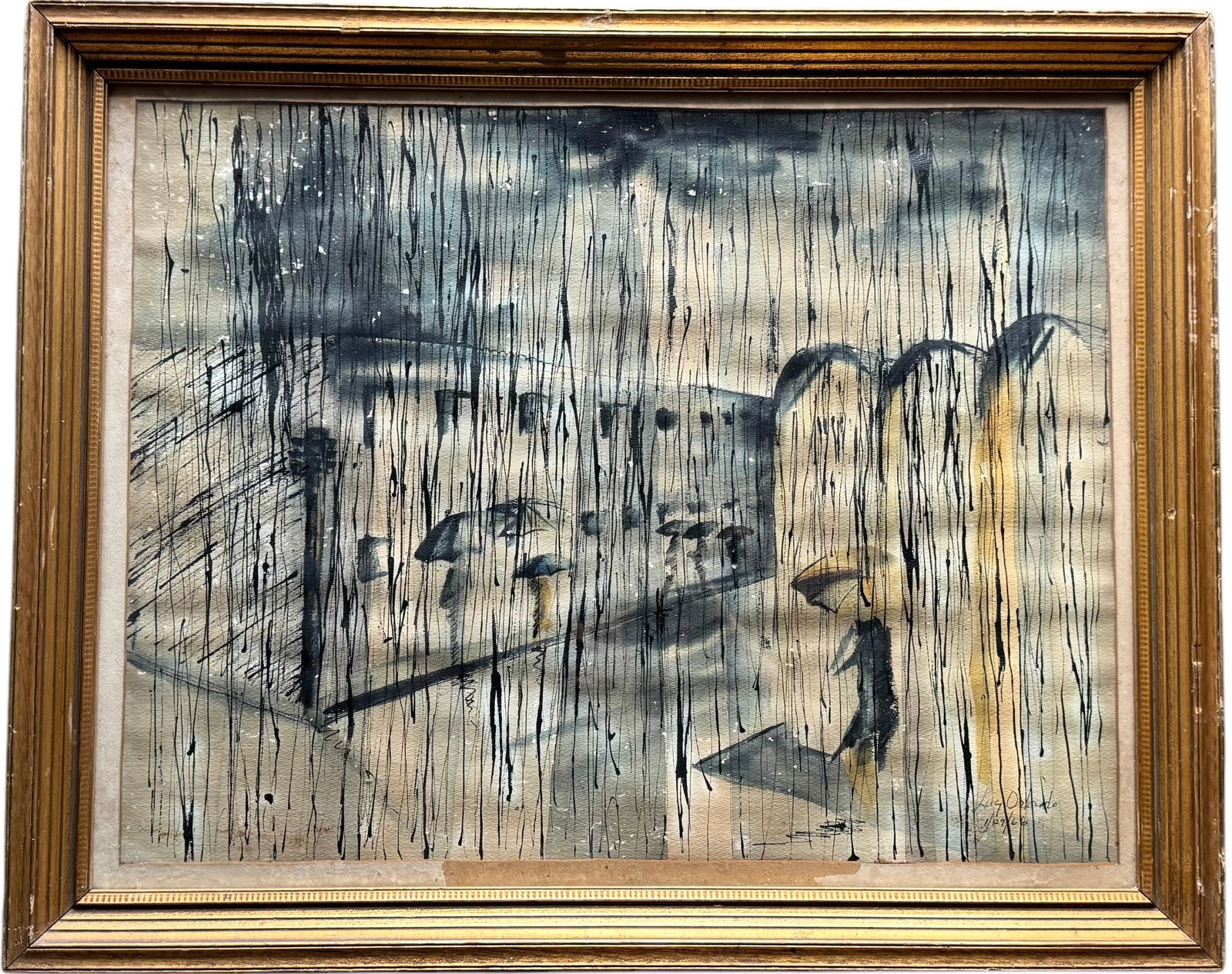 Mid Century Paris School Rainy Day Modernist City Scene Watercolor Nicely Framed Signed: Watercolor on paper 27.5 x 21.5 in, 30.5 x 24.5 in (framed)