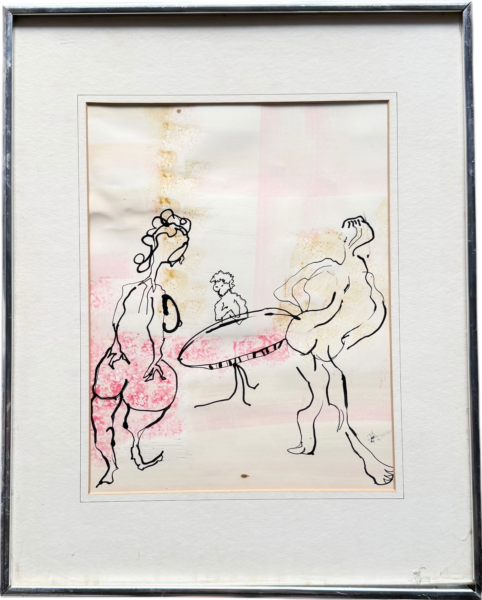 Italian School Mid Century Ink Drawing & Watercolor Signed & Dated 1971 (1 of 3)