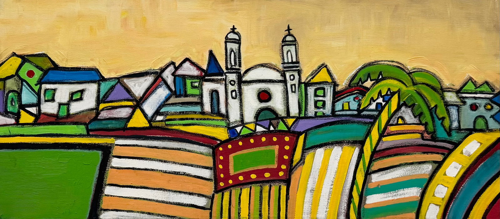 Latin American Modernist City Scene Acrylic On Canvas: Acrylic on canvas 40 x 18 in