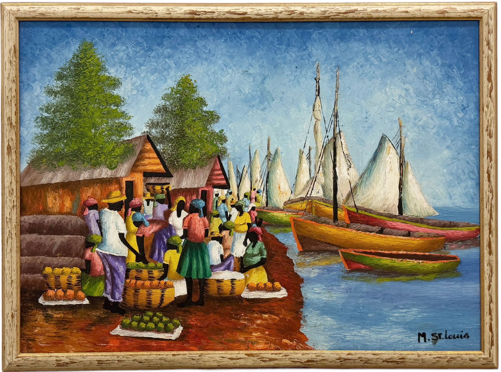 Large Haitian School Impressionist Harbor Scene Signed St. Louis (1 of 3)