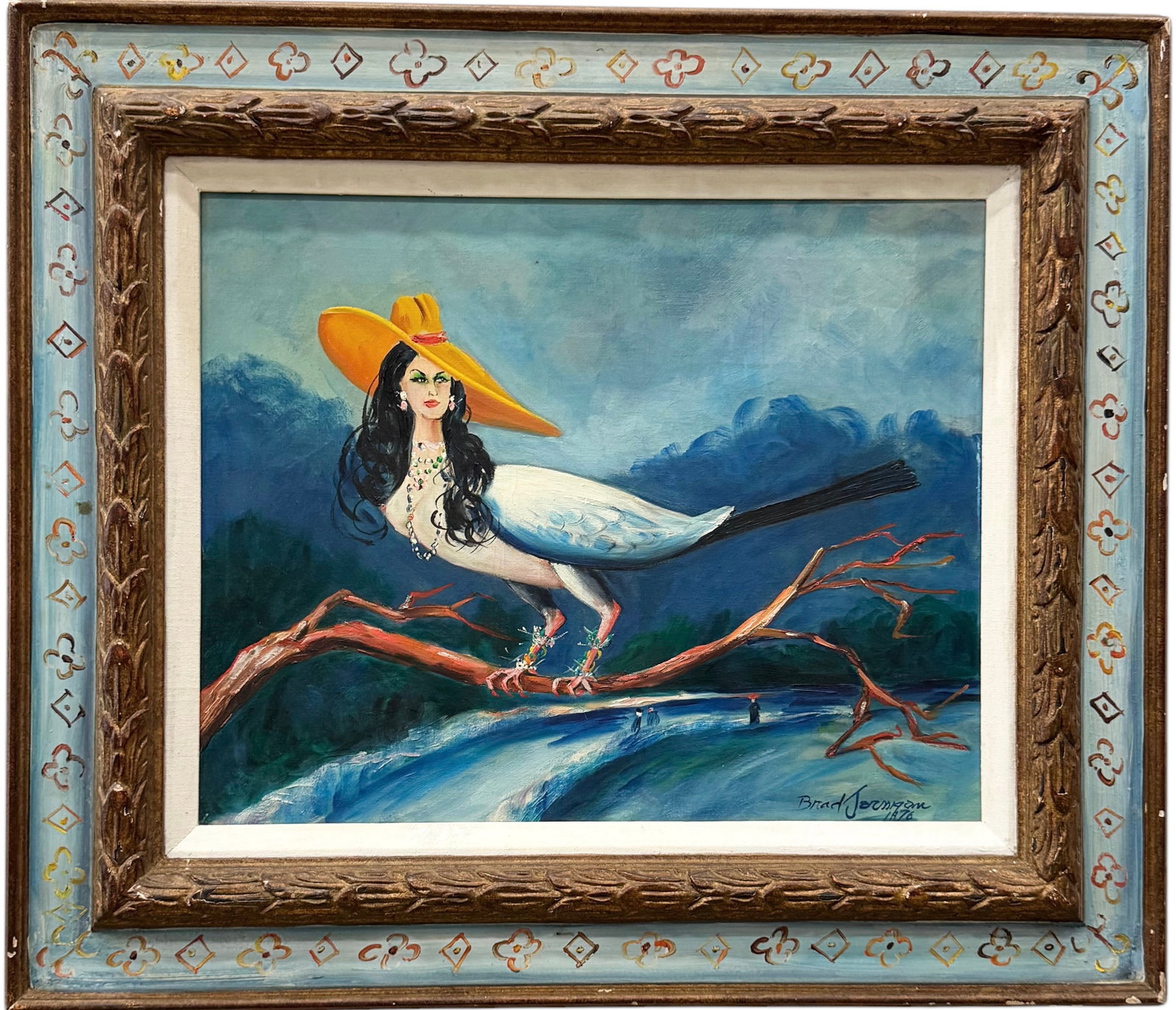BRAD JERNIGAN (20th c, American) Surrealist, Custom Hand Painted Frame: Oil on canvas 20 x 16 in, 28.5 x 24.5 in (framed)