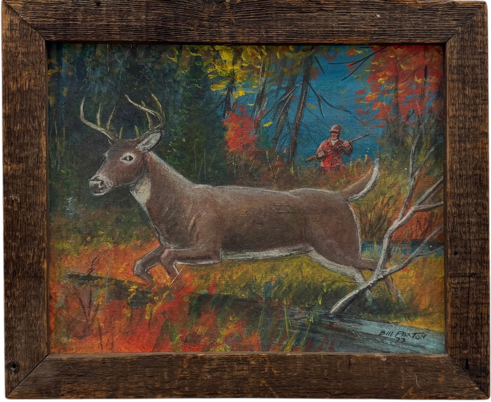 Vintage American School Deer Hunting Painting Signed: Oil on board 16.5 x 13.5 in (framed)