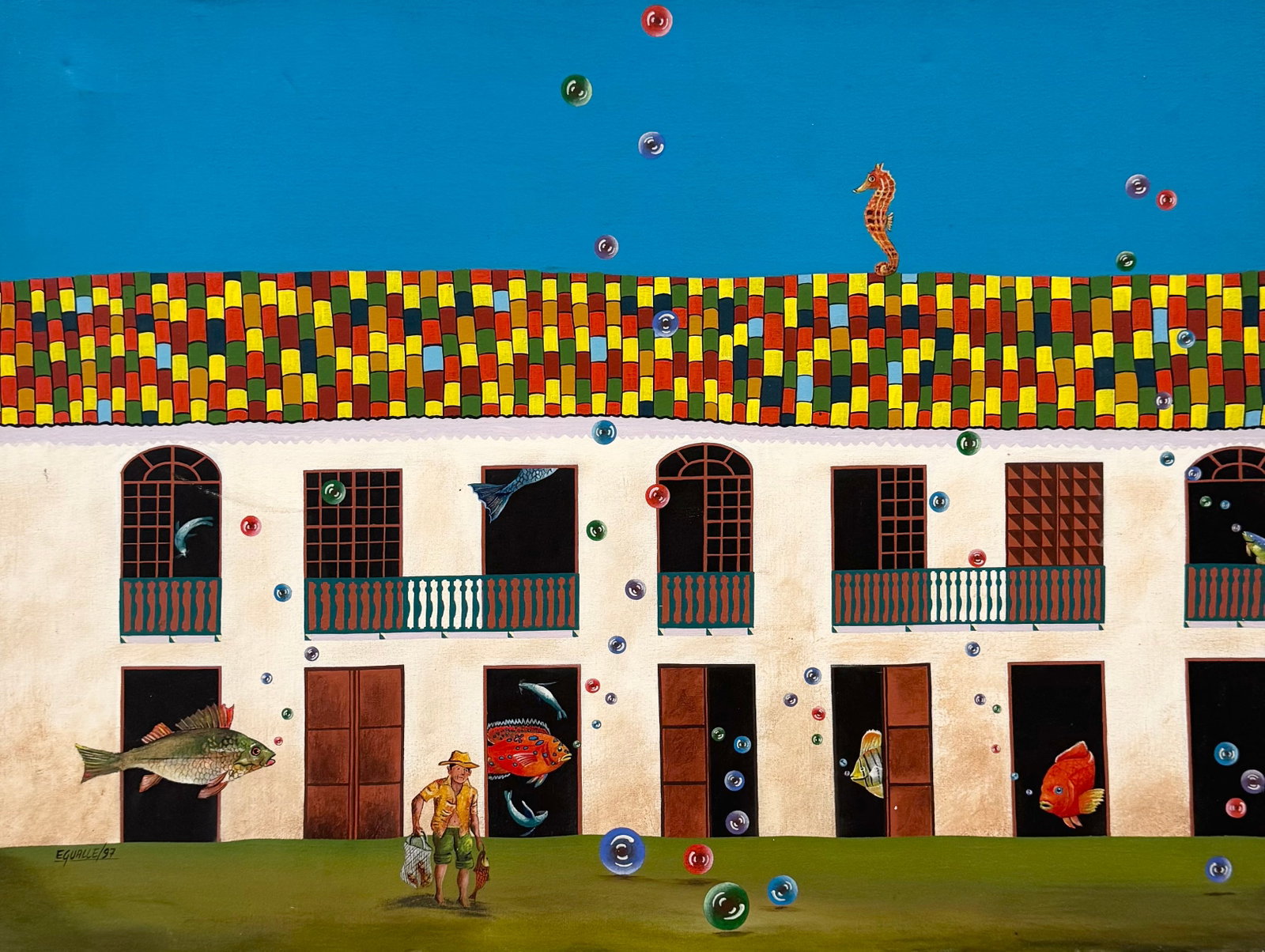Ernesto Gualle (b.1960, Ecuador) Naive Art: Oil on canvas 30.5 x 23 in