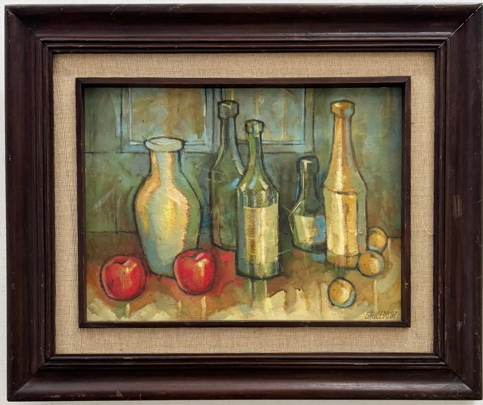 Vintage Modernist Still Life Of Bottles Signed Oil On Board: Oil on board 22.5 x 18.5 in (framed)