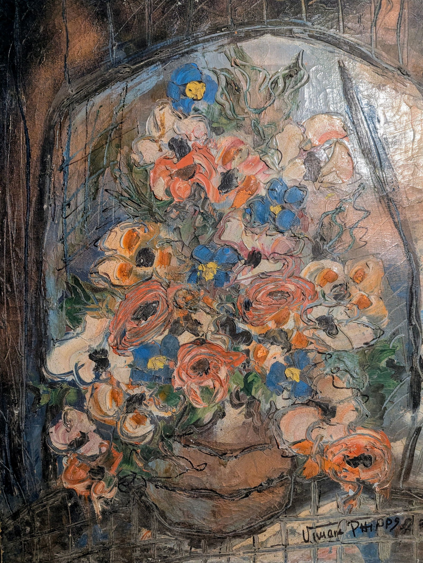 Viviane Phipps (20th c, Haitian) Flowers Still Life Heavy Impasto (1 of 4)