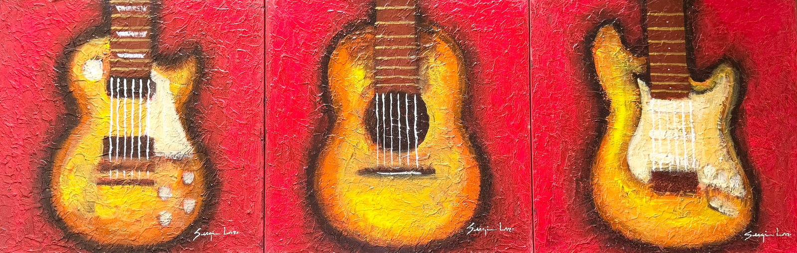 SERGIO LAZO Set Of 3 Guitar Paintings, Florida Artist: Acrylic on canvas 20 x 20 in