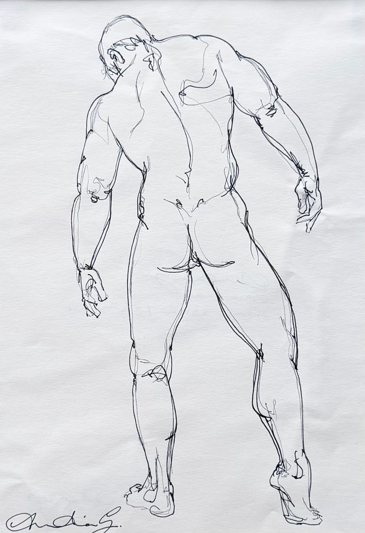 Modernist Muscular Male Nude Ink Drawing Signed Illegibly: 8 x 10 (Image)