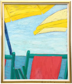 Large Vintage Modernist Beach Scene Chair & Umbrella Signed Oil On Canvas