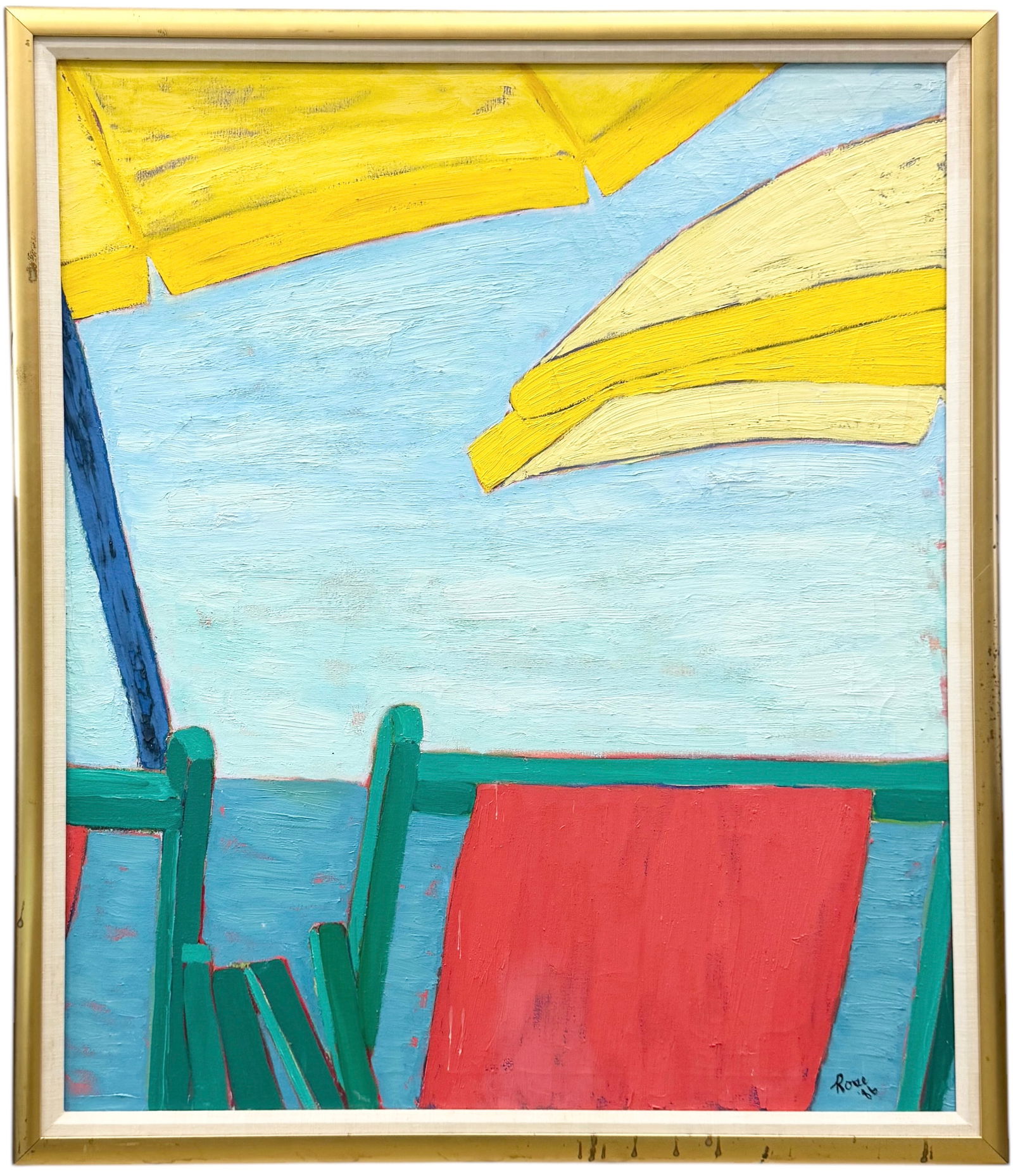 Large Vintage Modernist Beach Scene Chair & Umbrella Signed Oil On Canvas (1 of 4)