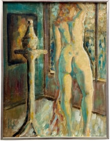 Vintage American School Modernist Nude Oil Painting On Board Signed