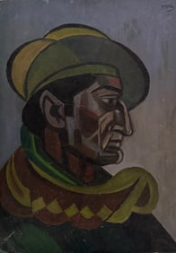 1960's Mid-Century Expressionist Mexican Portrait Man With Sombrero Signed Illegibly