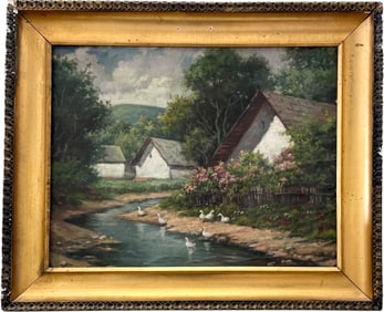 Early 20th Century Hungarian School Impressionist Village Scene With River
