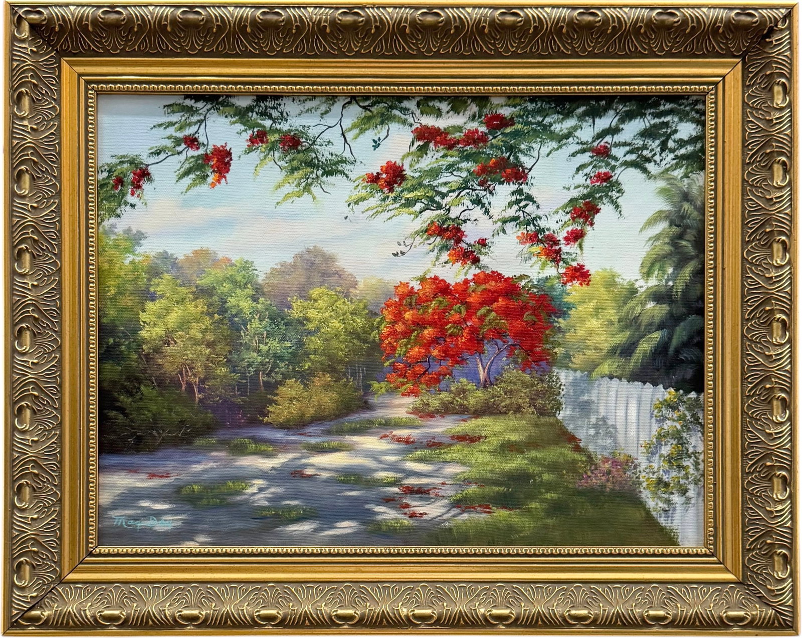 MAGI DAY (20th c, American) Florida Artist, Landscape With Royal Poinciana Flowers: Oil on canvas 16 x 12 in, 20 x 16 in (framed)