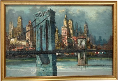 American School Mid-Century New York Cityscape With Brooklyn Bridge