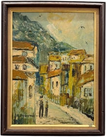 Vintage Latin American School Modernist Mountain Village Scene Signed