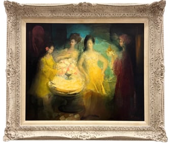 Spanish School Oil On Canvas Depicting Women Gathering At A Table With Flowers Signed