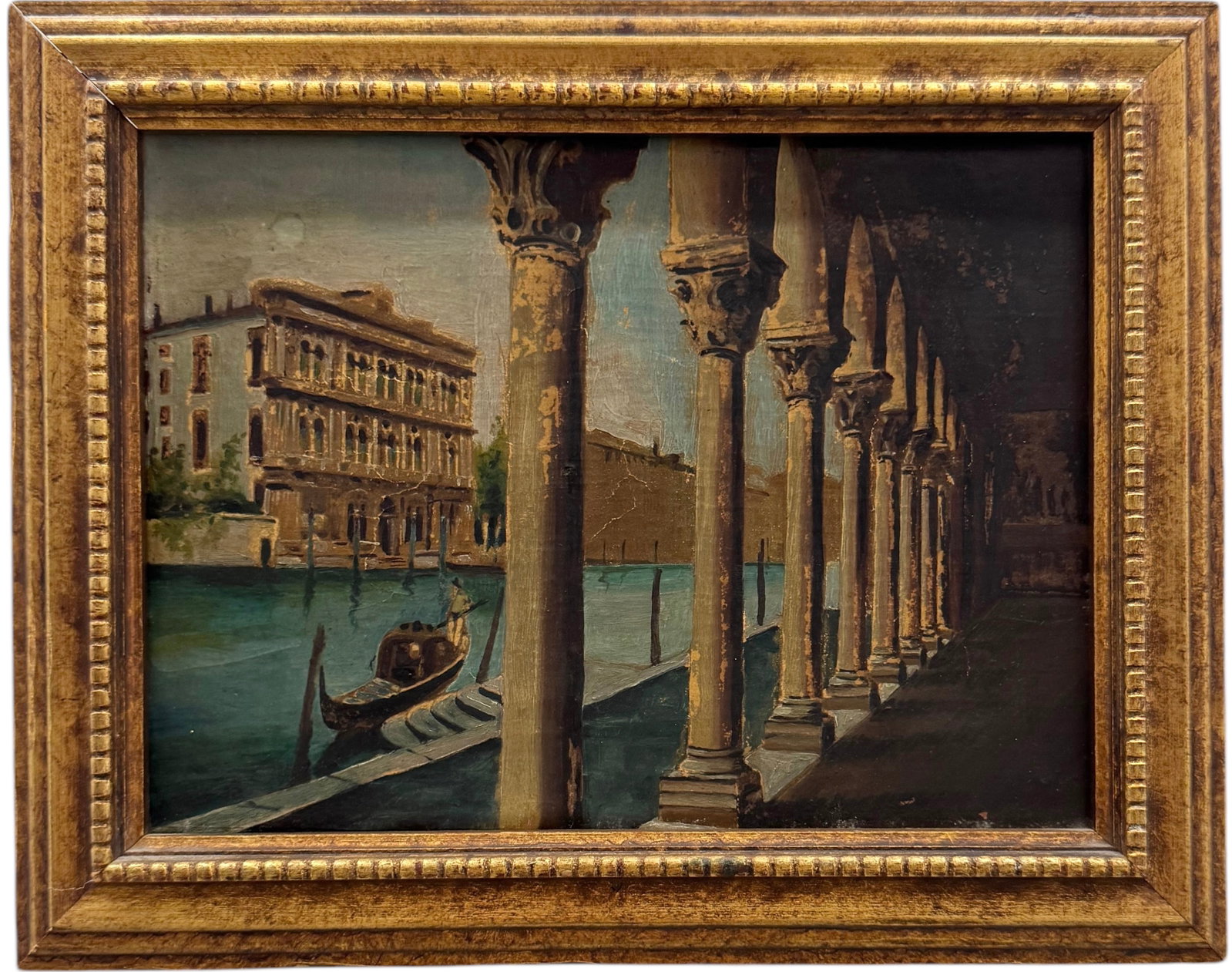 19th Century Italian School Venetian Canal Scene With Pillars & Gondola: Oil on canvas 9.5 x 7.5 in, 12 x 9.5 in (framed)