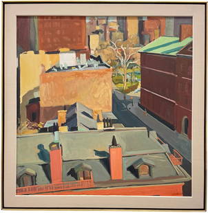 1930's American School City Scene New York City Rooftops Cityscape, Signed illegibly: Oil on canvas 35 x 36 in, 40.5 x 41.5 in (framed). Artist unknown. The canvas looks circa 1930's or early 1940's. Signed lower right. Assumed to be New York City.