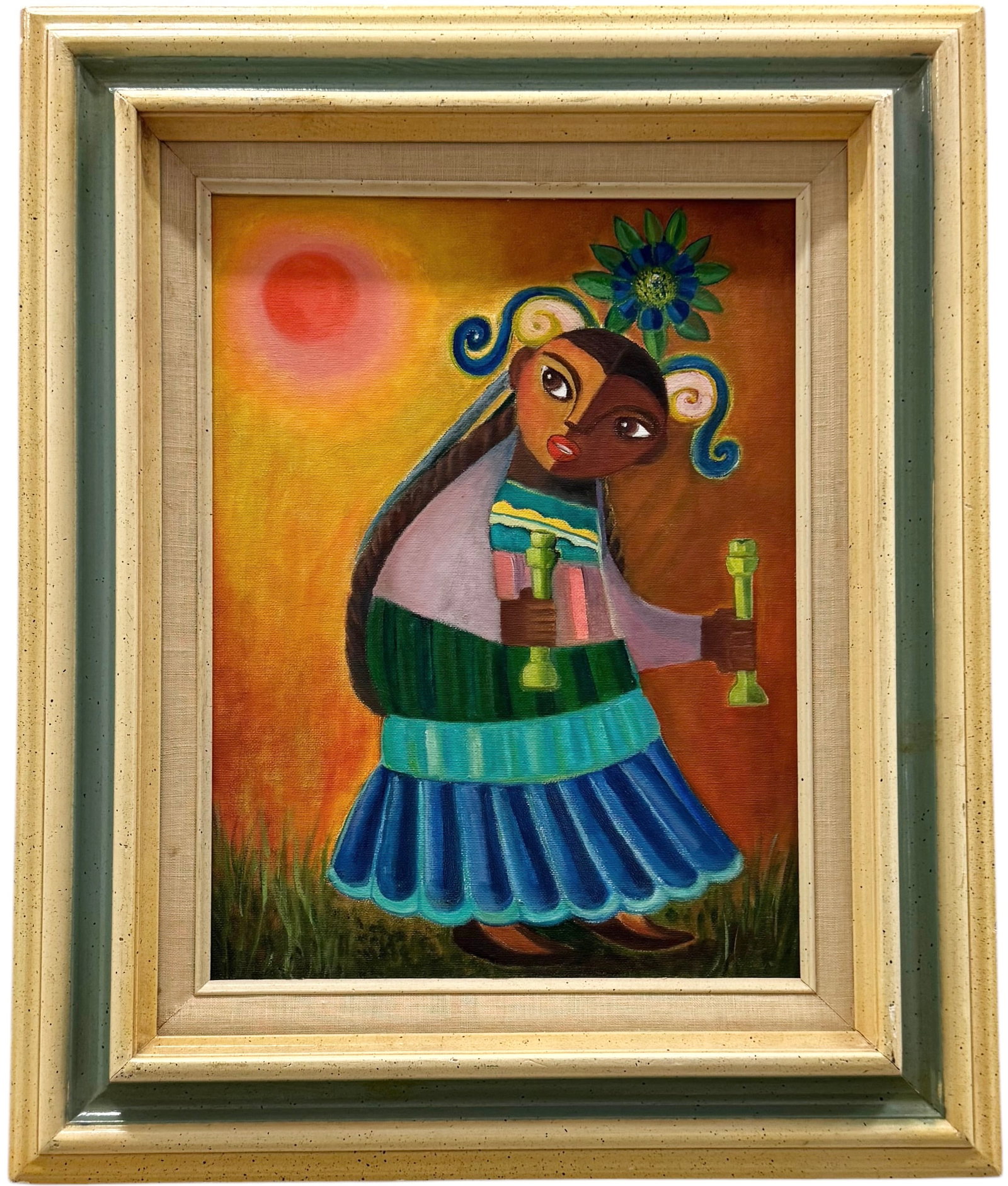 Nicely Framed Mexican School Folk Art Oil Painting: Oil on board 12 x 16 in, 19 x 23 in (framed)