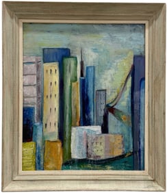 Nicely Framed Circa 1940's WPA Style New York City Modernist Cityscape Signed