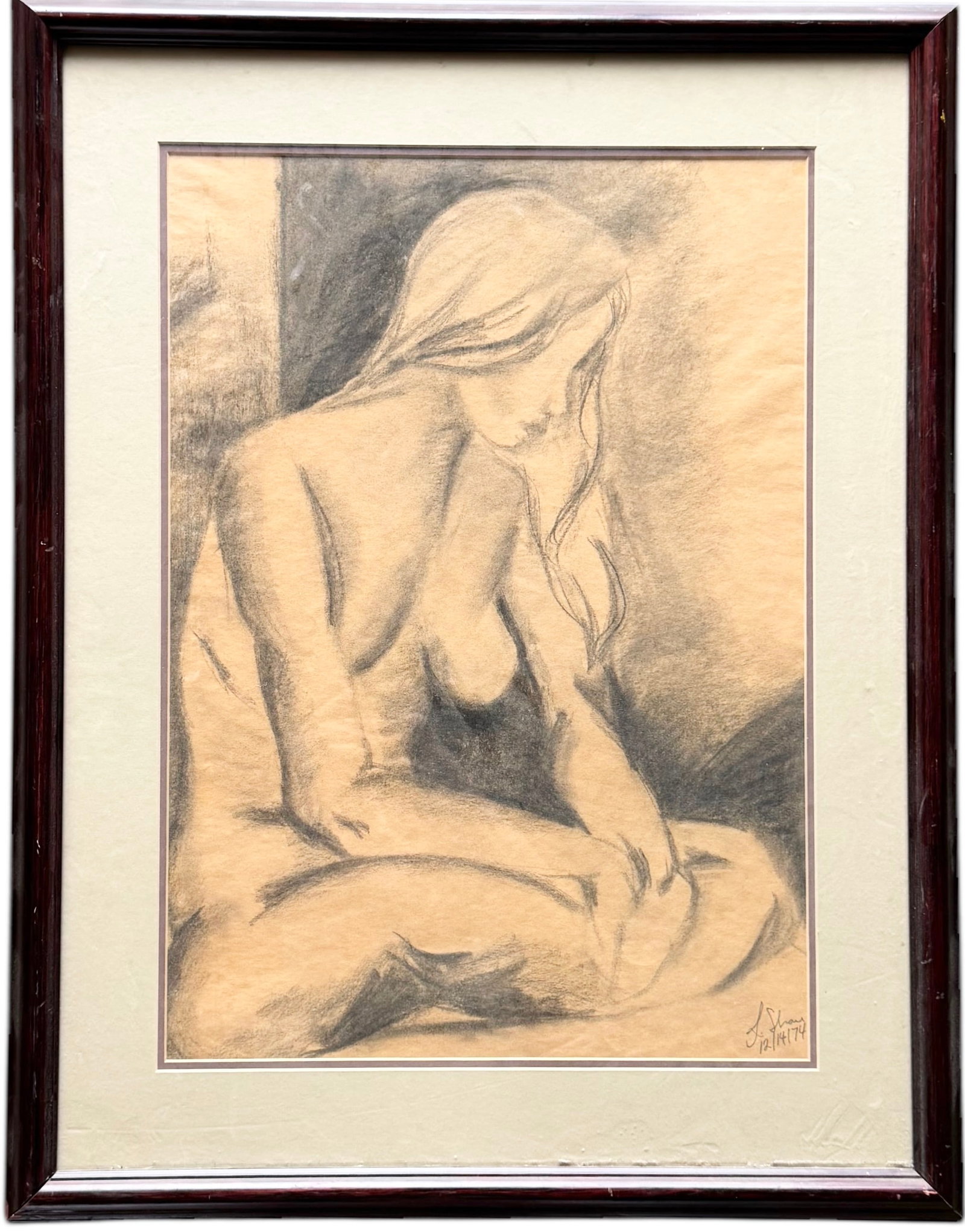 Mid-Century 1970's Graphite Nude Portrait Of A Woman Signed: 20.5 x 14.5 in, 27.5 x 21.5 in (framed)