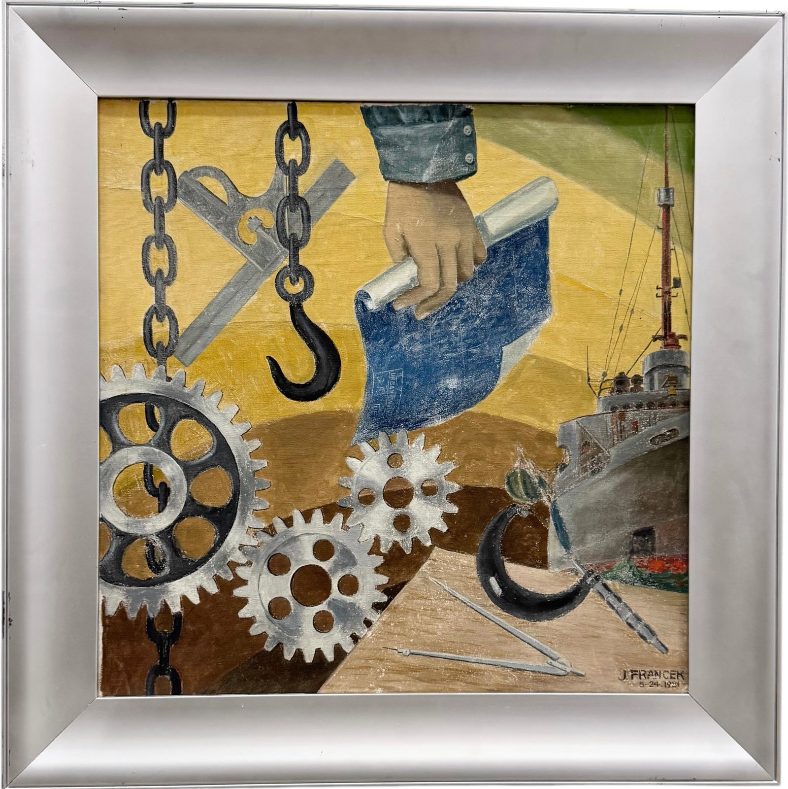 Mid-Century Constructivist Abstract Wartime Motif Signed & Dated: Possibly European. Oil on board 22 x 22 in, 28 x 28 in (framed)