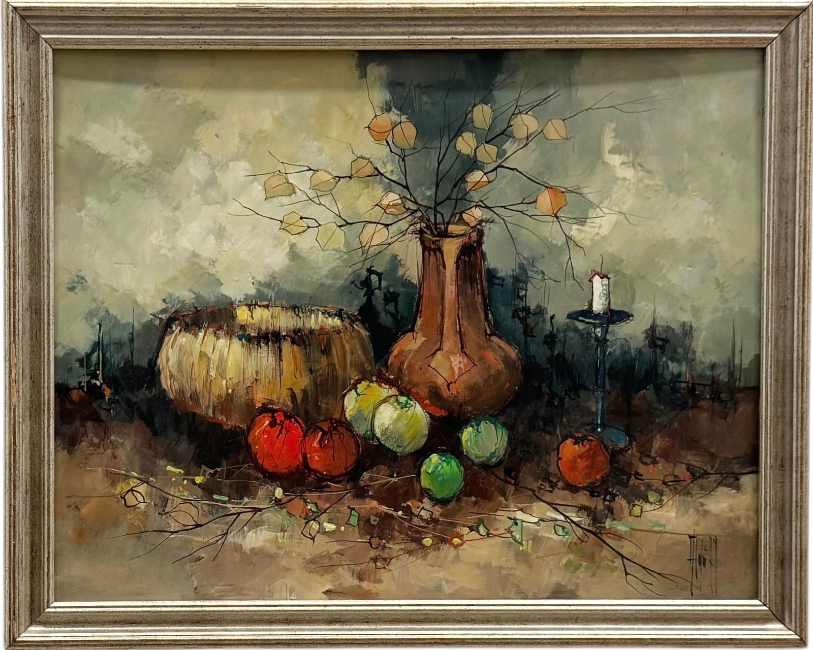 Vintage European School Modernist Still Life Signed Illegibly: Acrylic on paper 25 x 19 3/4 in, 28 x 22 3/4 in (framed)