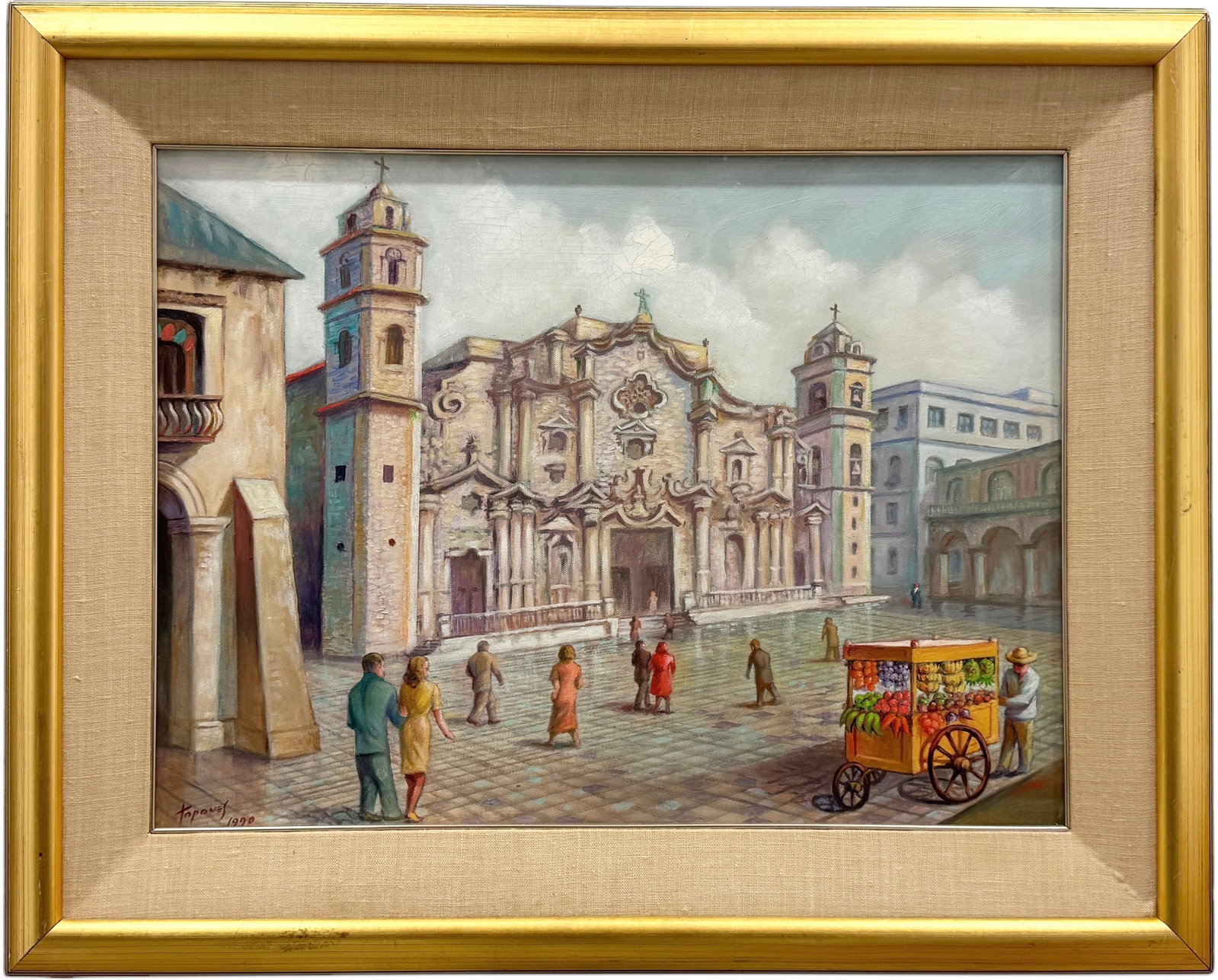 Vintage Cuban School Havana Street Scene With Cathedral Signed Topones: Oil on canvas 24 x 18 in, 30.5 x 24.5 in (framed)