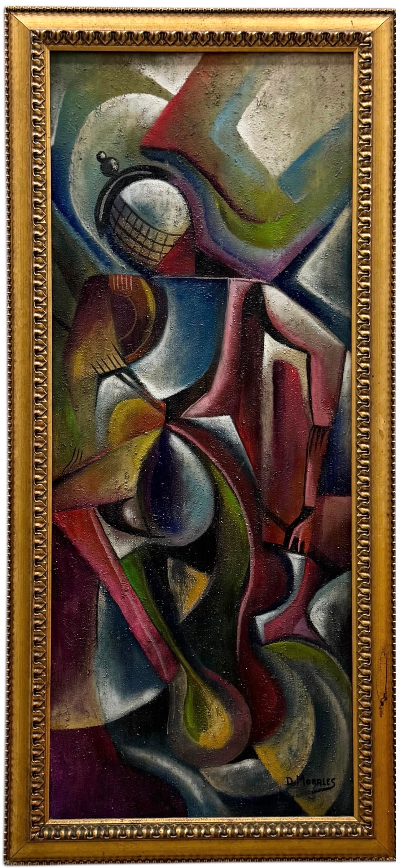 DANIEL MORALES Nicely Framed Latin American School Cubist, Florida Artist: Oil on canvas 40 x 16 in, 44.5 x 20.5 in (framed)
